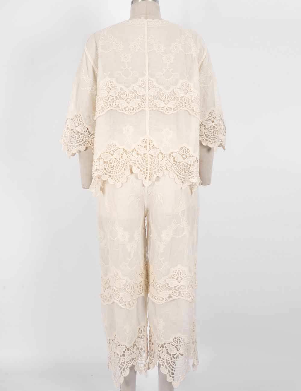 Ladies Crochet Scalloped Lace Embroidery Top & Pants Matching Set