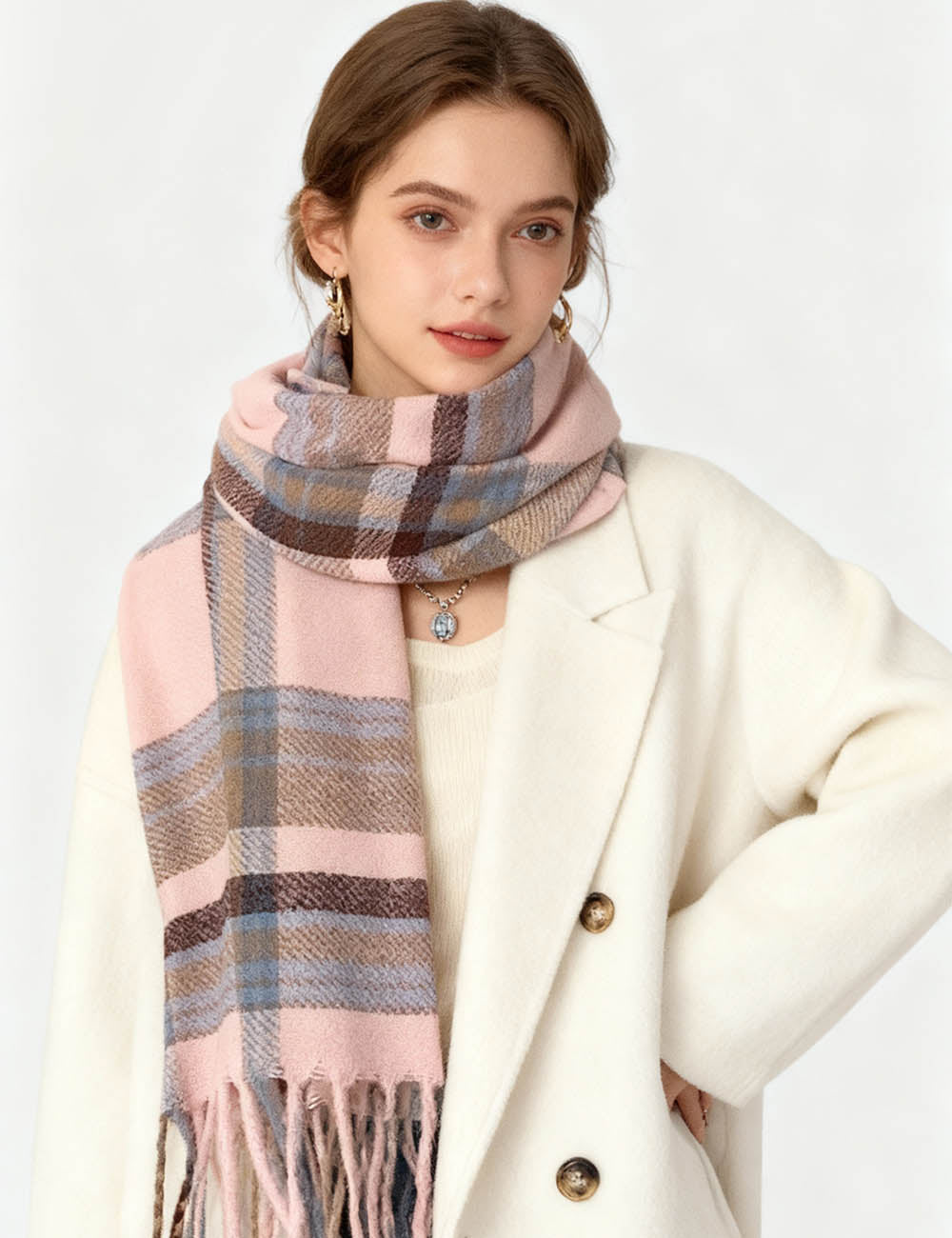 Ladies Vintage Plaid Tassel Hem Knit Scarf