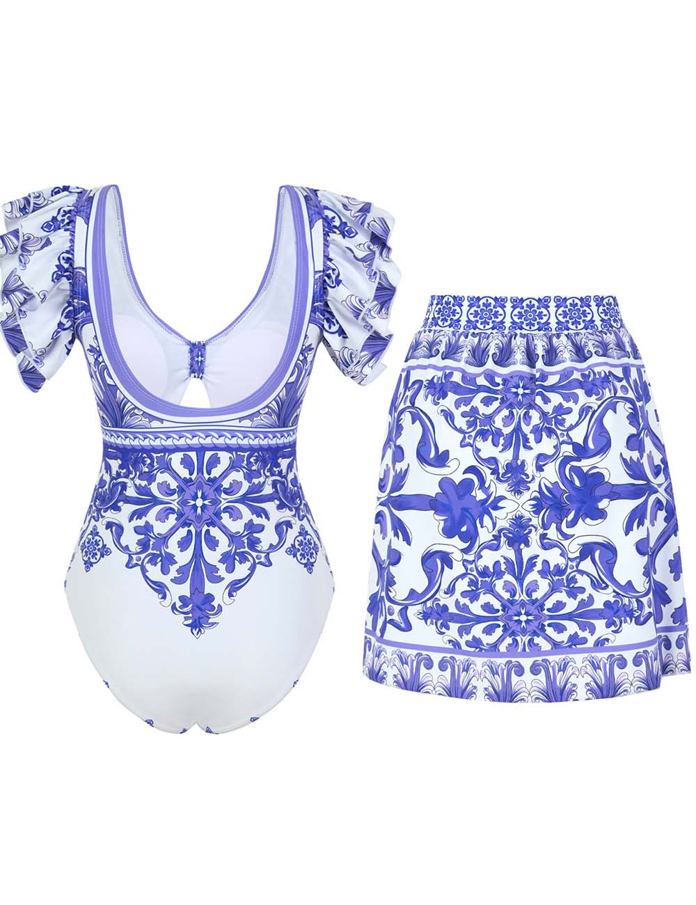 Ladies Ruff Sleeves One-Piece Swimsuit with Wrap Sarong