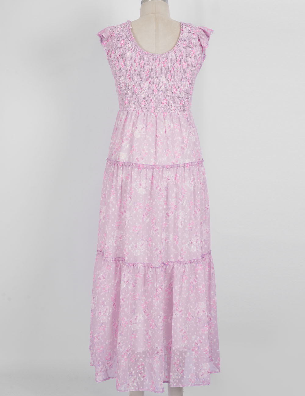Ladies Floral Print Ruffle Sleeves Tiered Hem Smocked Maxi Dress