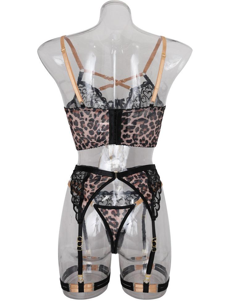 Ladies Leopard and Heart Lace Corset 3PCS Lingerie Set SKLG4025