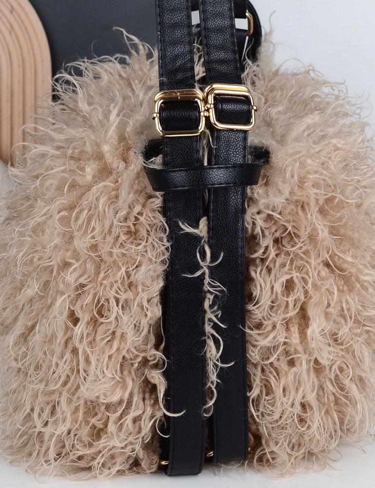 Ladies Faux Mongolian Fur Tote Two Shoulder Bag SKAB4094