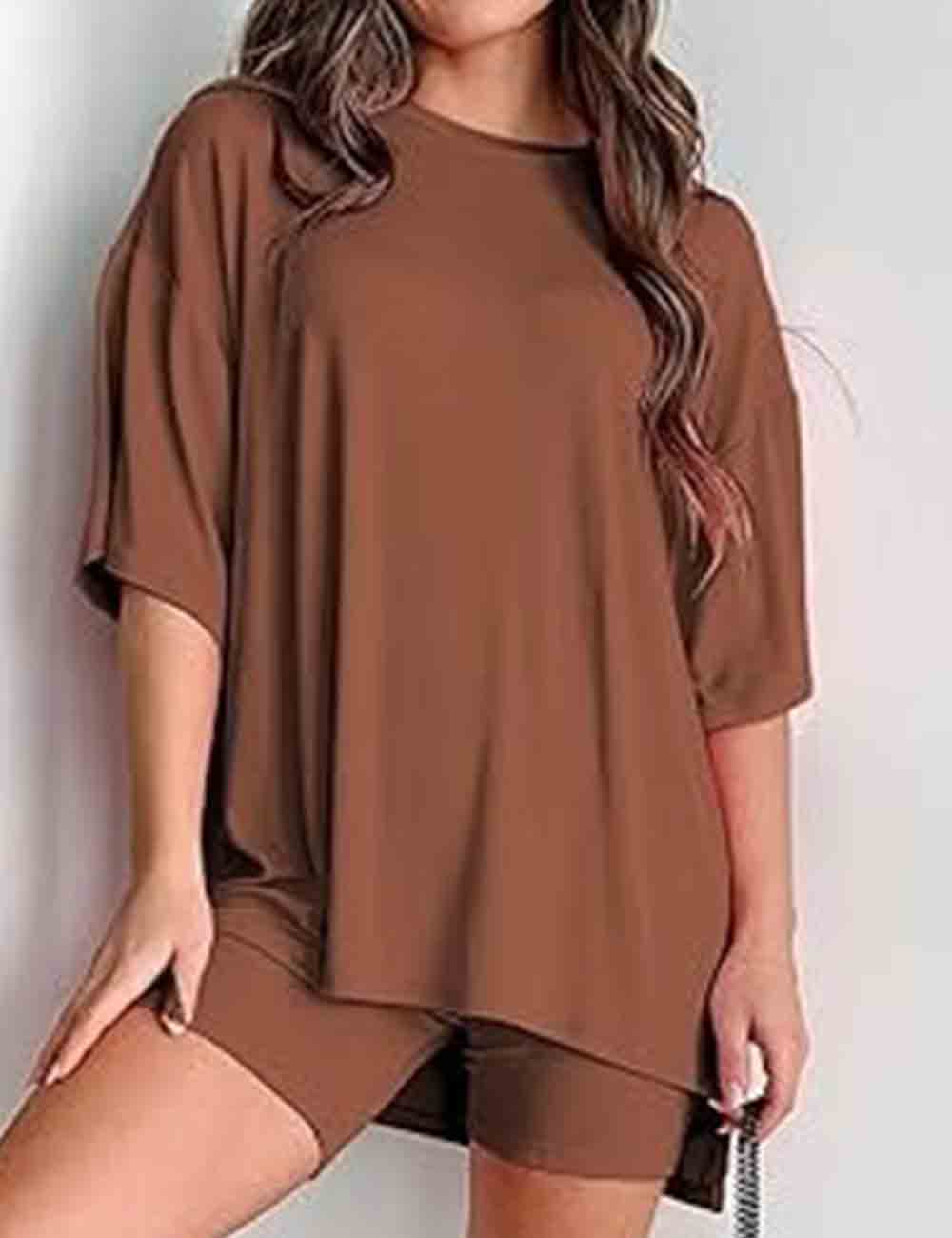 Ladies Solid Loungewear Outfits Loose Top & Slim Shorts Set