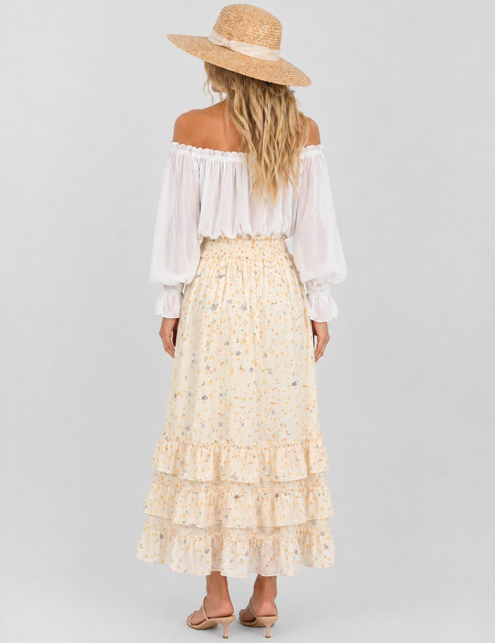 Ladies Floral Tiered Ruffle Smocked Waist Maxi Skirt