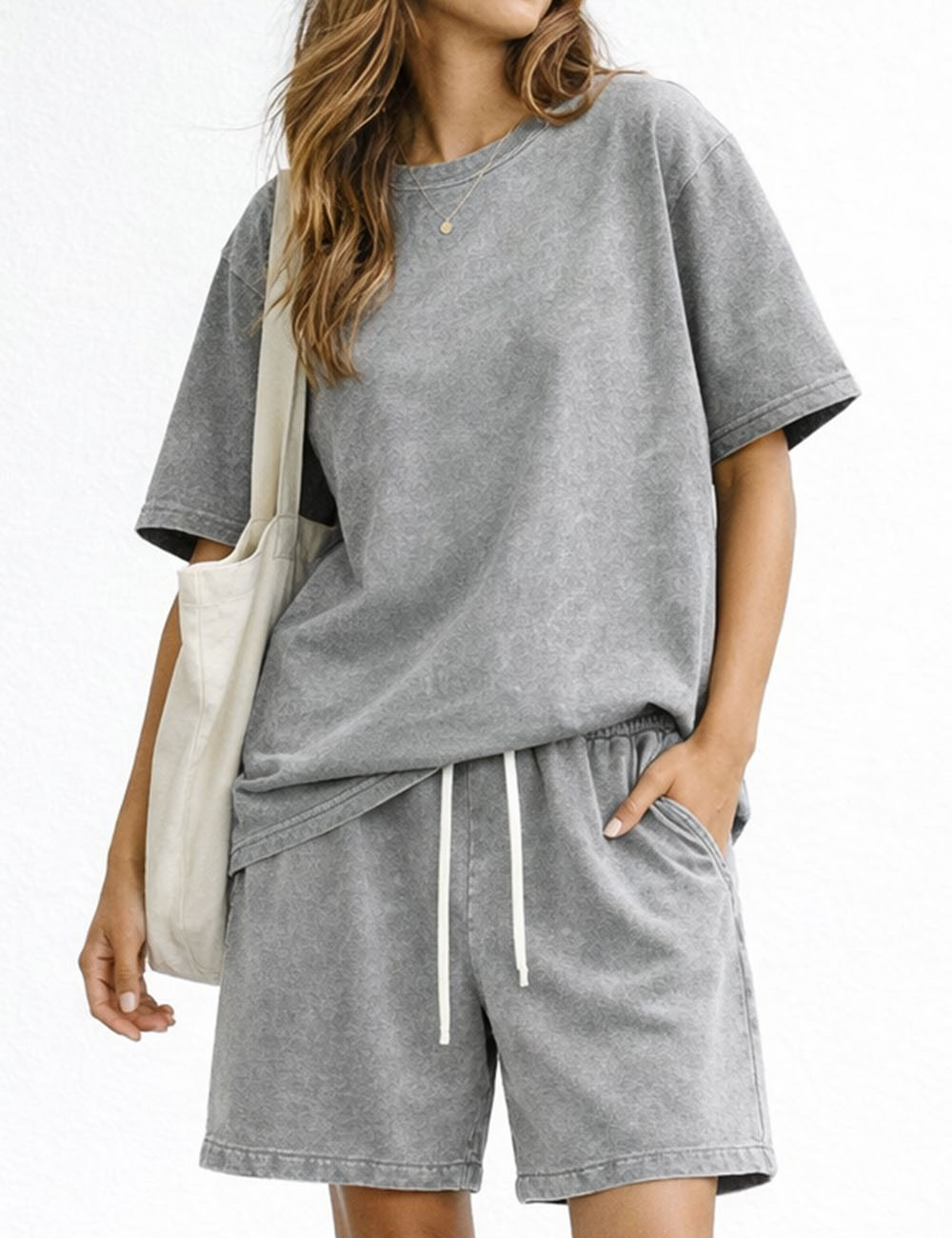 Ladies Washed Round Neck Short Sleeves T-shirt & Shorts Matching Set
