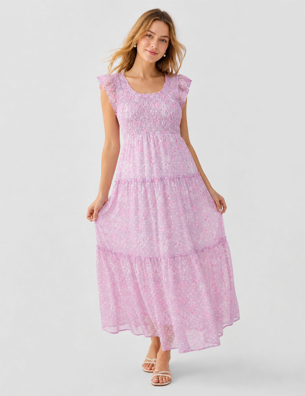 Ladies Floral Print Ruffle Sleeves Tiered Hem Smocked Maxi Dress
