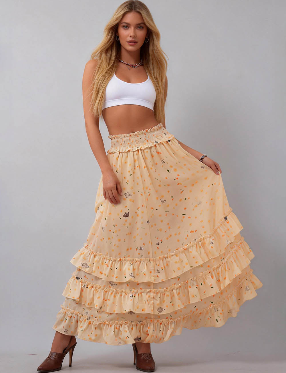 Ladies Floral Tiered Ruffle Smocked Waist Maxi Skirt