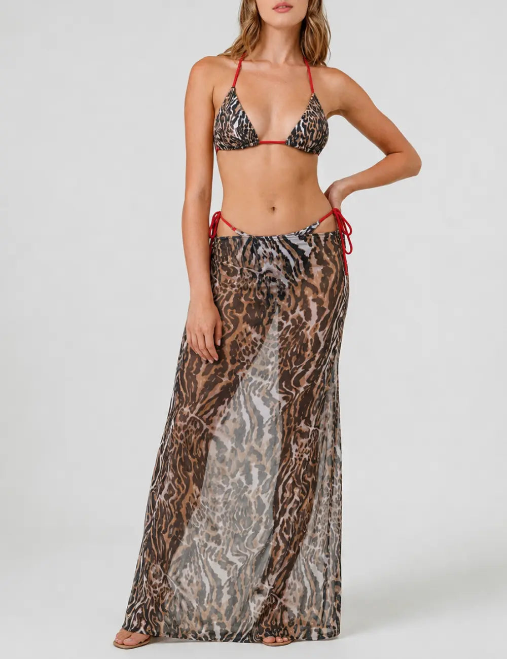 Ladies Polka Dots Print Halter Triangle Bikini Set with Salong