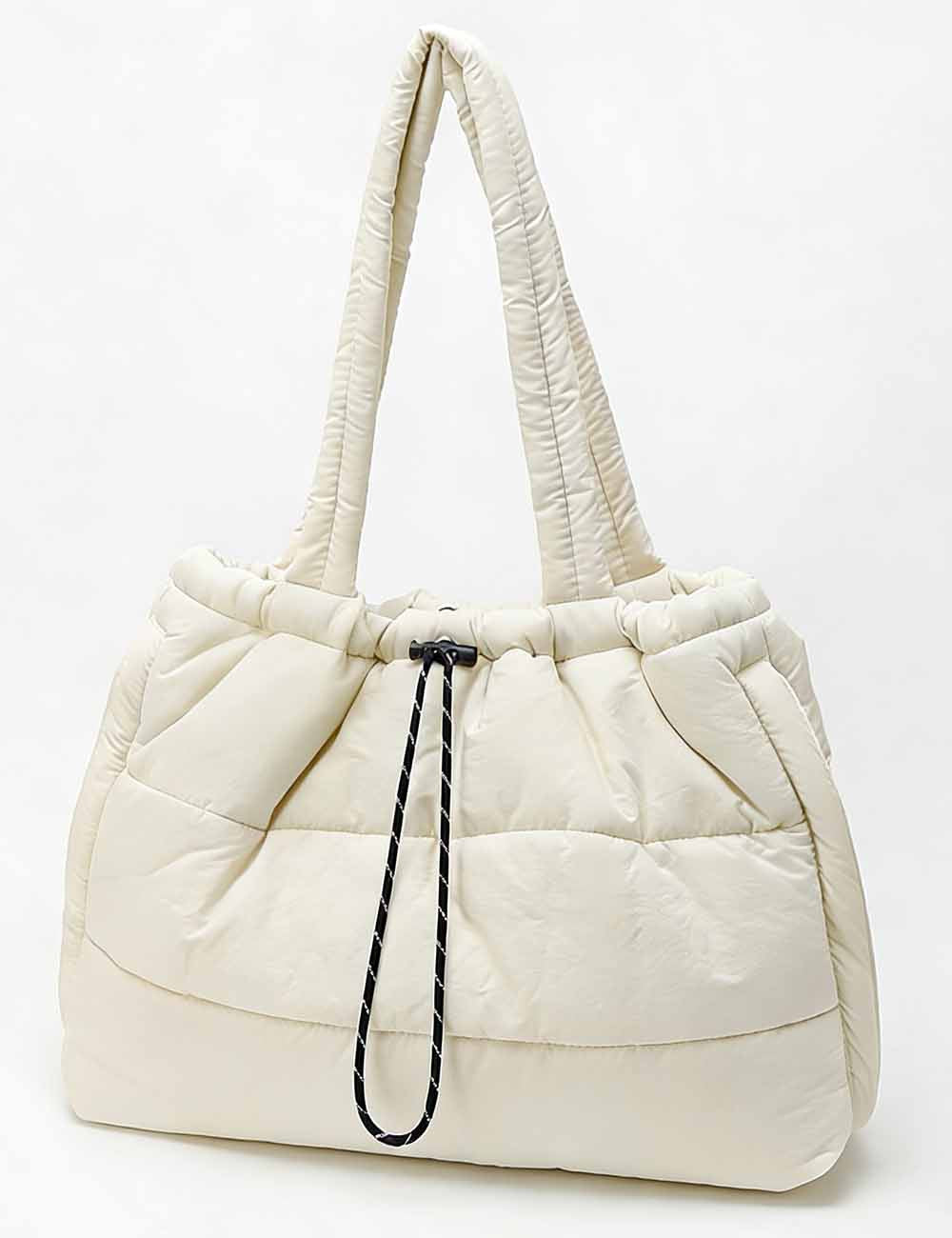Ladies Drawstring Puffy Quilted Padded Nylon Shoulder Tote Bag