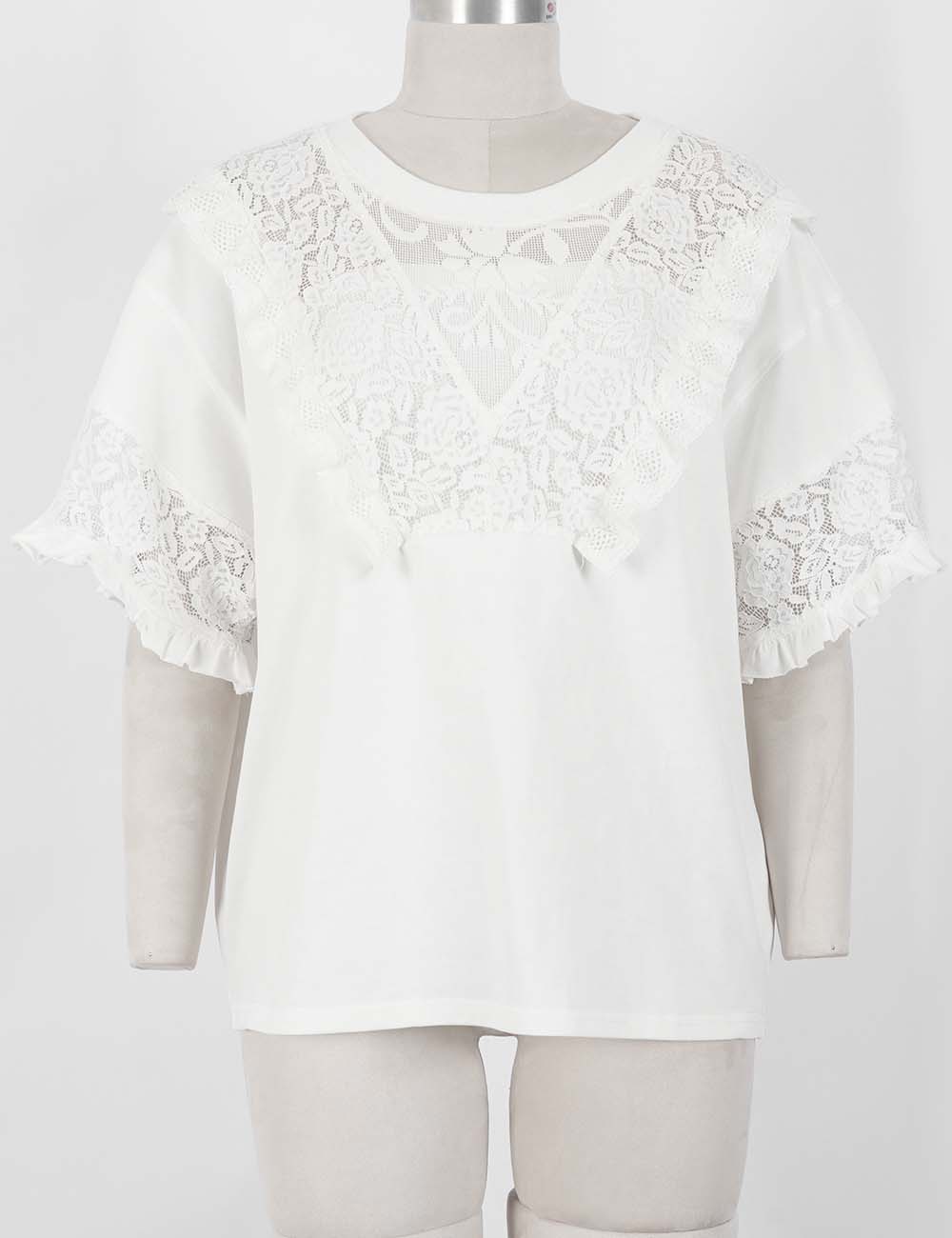 Ladies Romantic Lace Round Neck Ruffle Sleeves Top