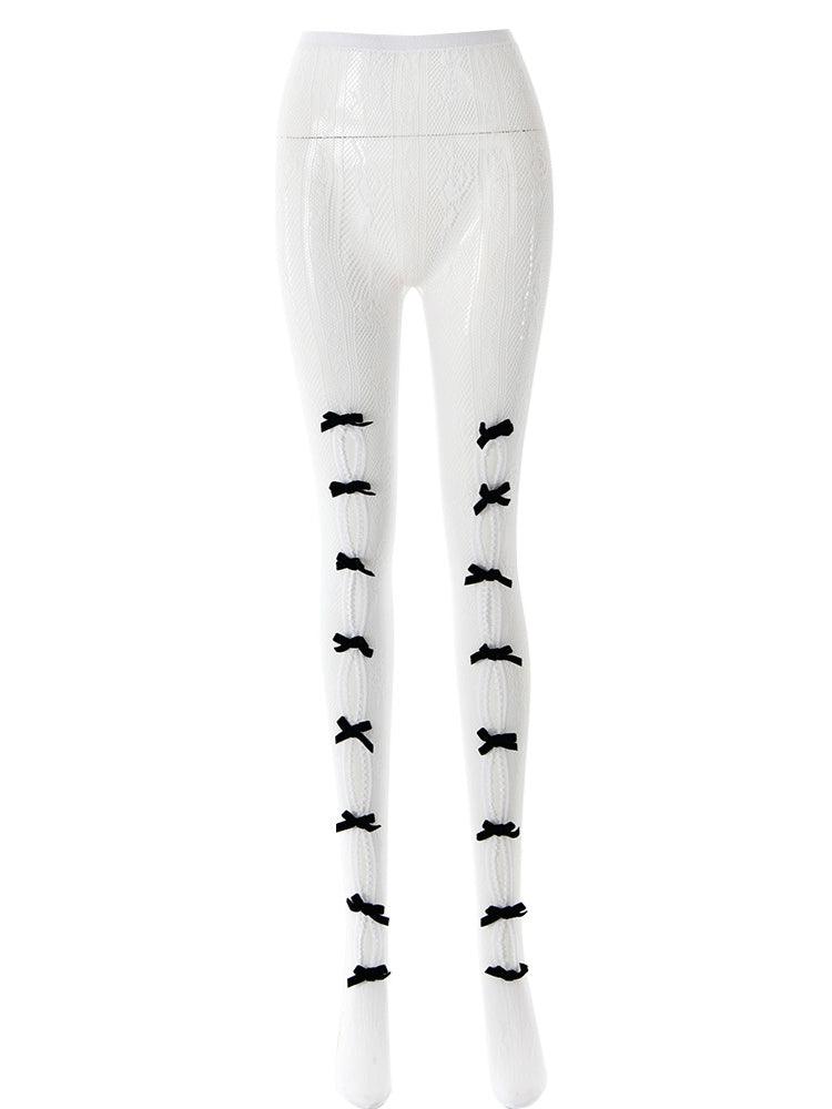 Ladies Punk Bowknot Stockings Color Block Pantyhose SKASC4114