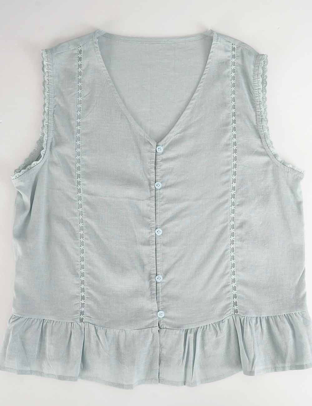 Ladies Scarf Neck Ruffle Hem Button Sleeveless Top