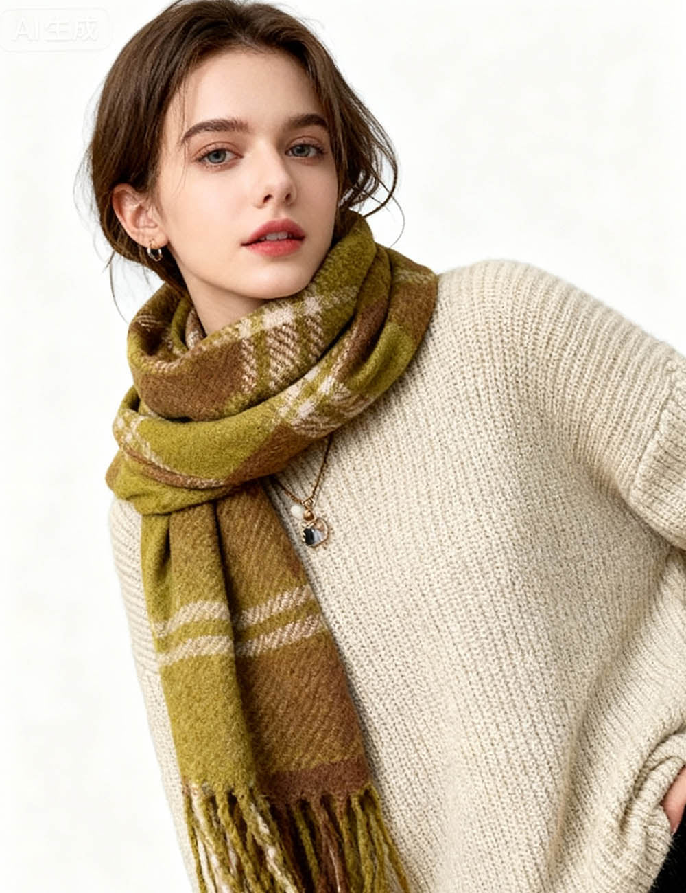 Ladies Vintage Fashion Plaid Pattern Oblong Tassel Knit Scarf