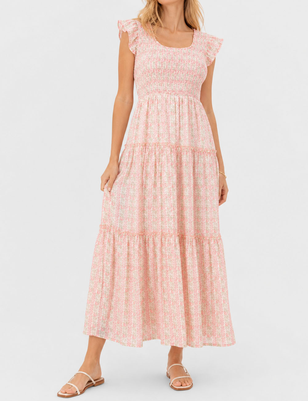 Ladies Floral Print Ruffle Sleeves Tiered Hem Smocked Maxi Dress