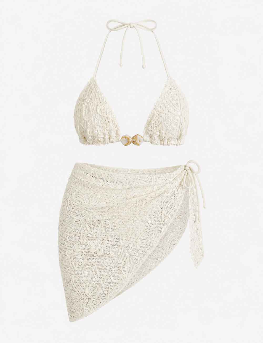 Ladies Crochet Triangle Bikini Set with Wrap Cover Up Skirt