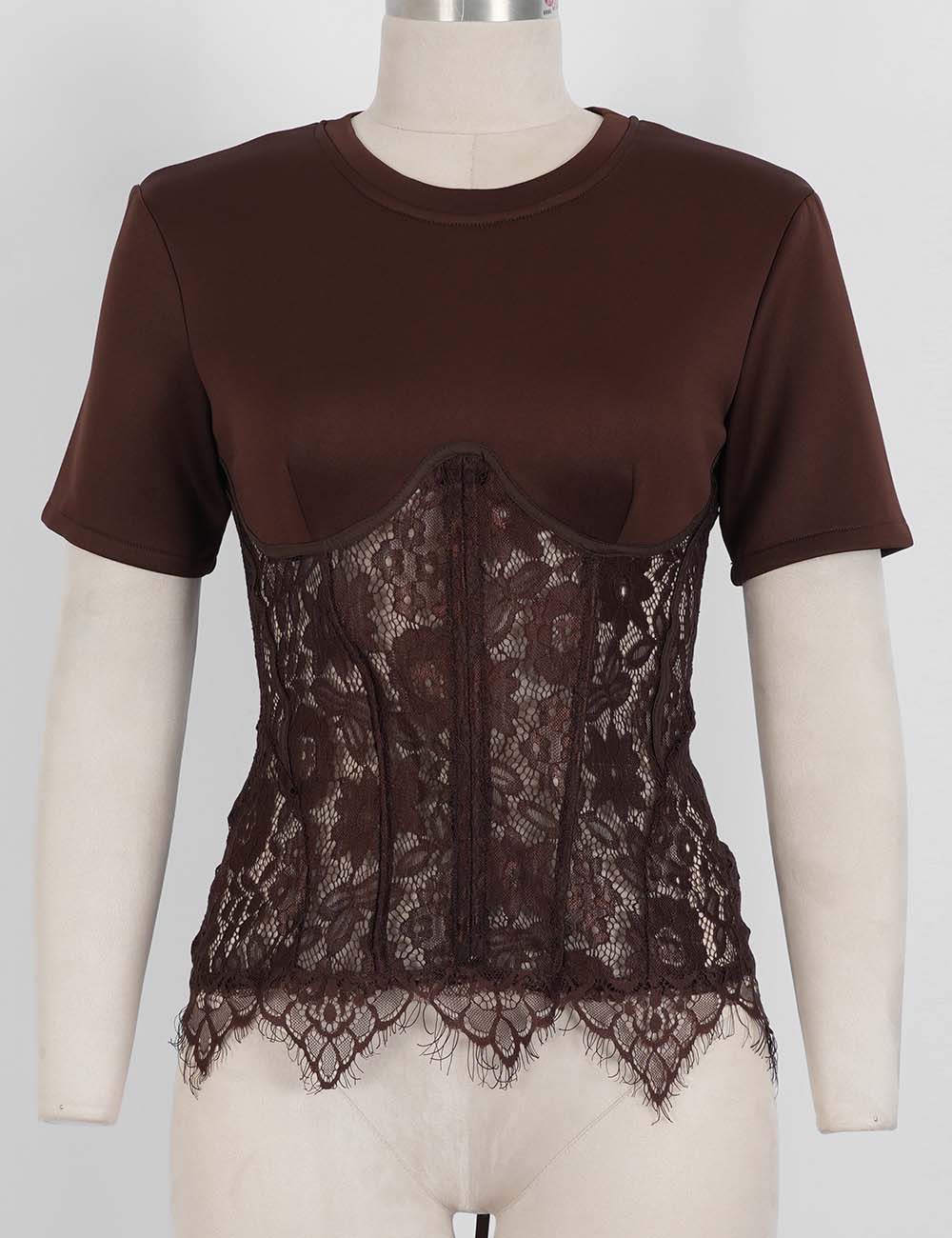 Ladies Lace Scalloped Hem Round Neck Short Sleeves Top