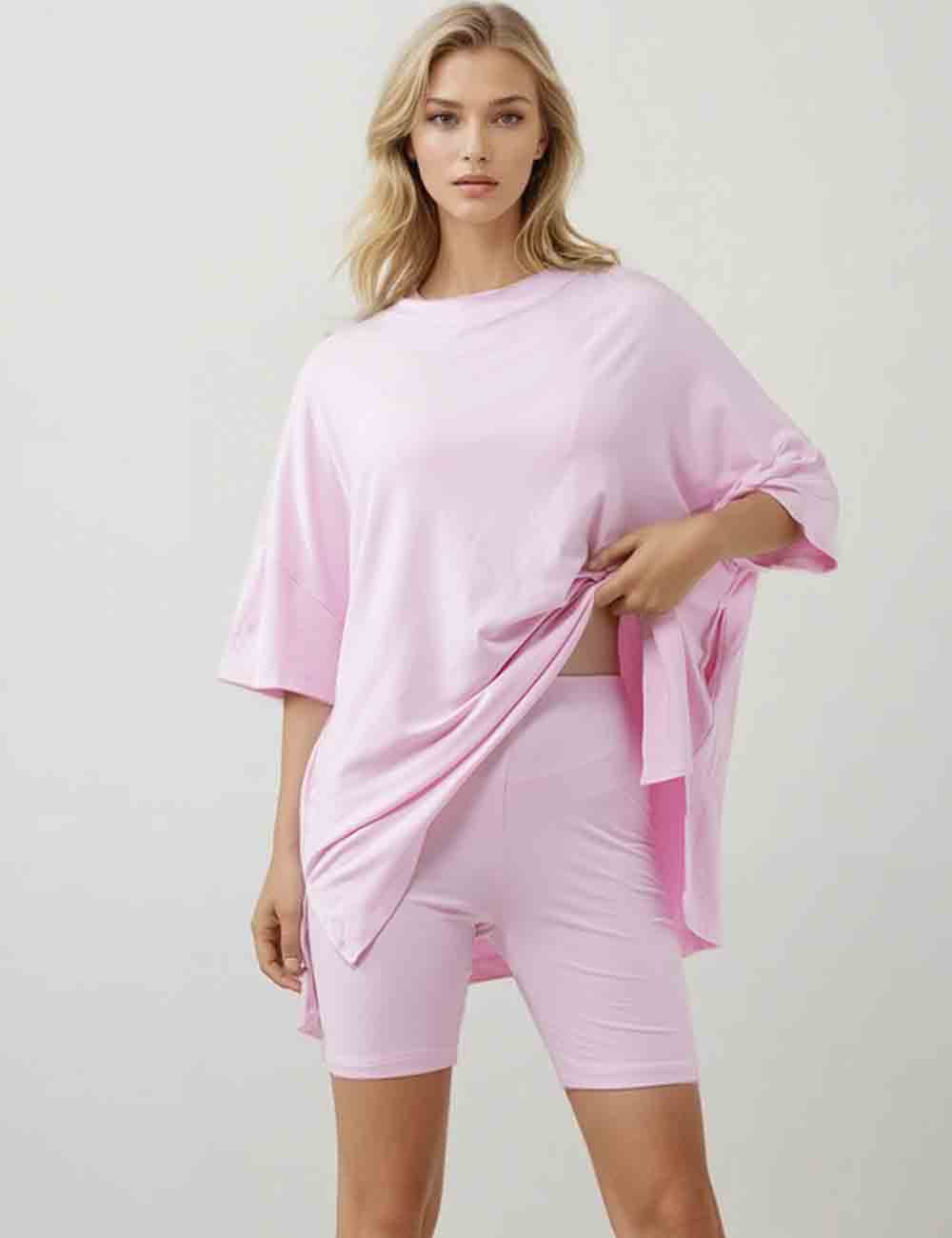 Ladies Solid Loungewear Outfits Loose Top & Slim Shorts Set