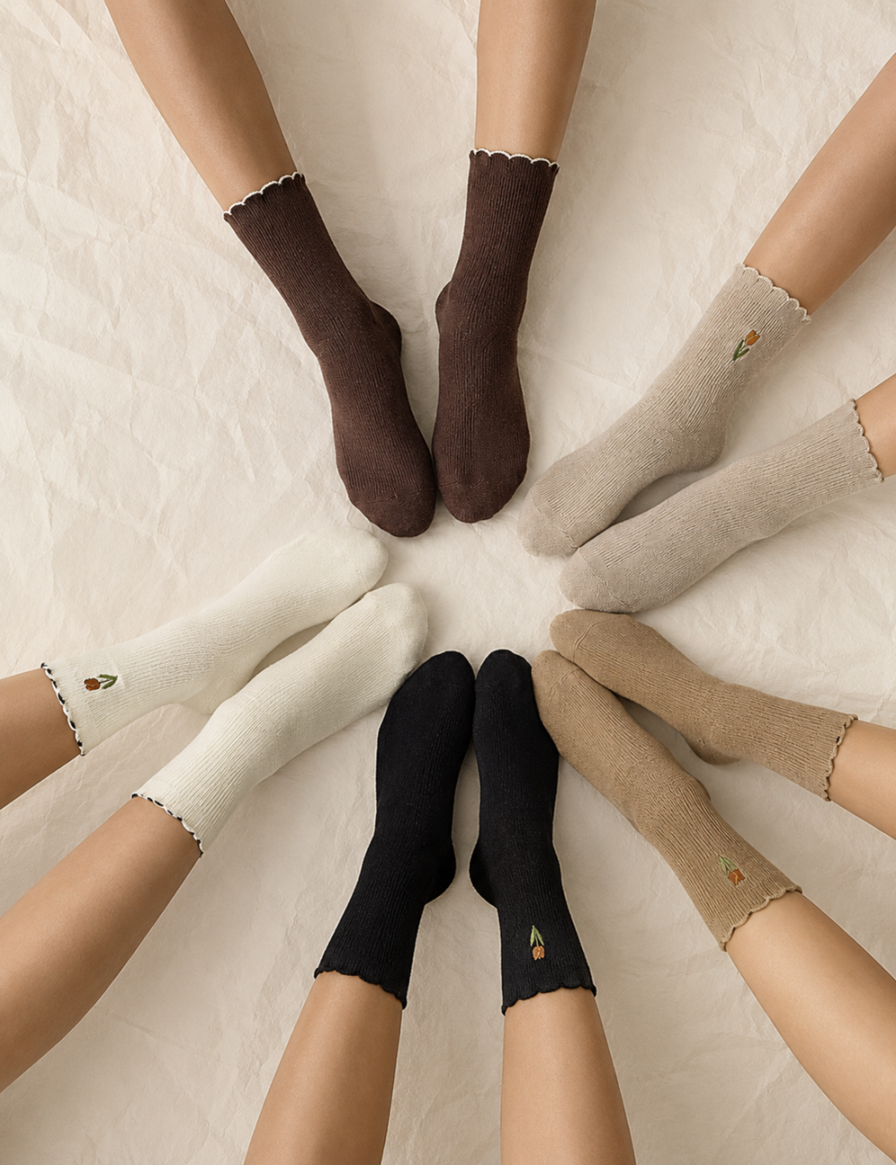 Ladies Sweet Tulip Embroidery Ruffle Edge Crew Socks