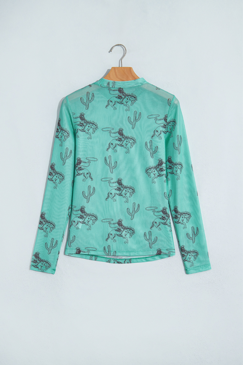 Women Spring Western Sheer Cowboy Mesh Long Sleeve Top