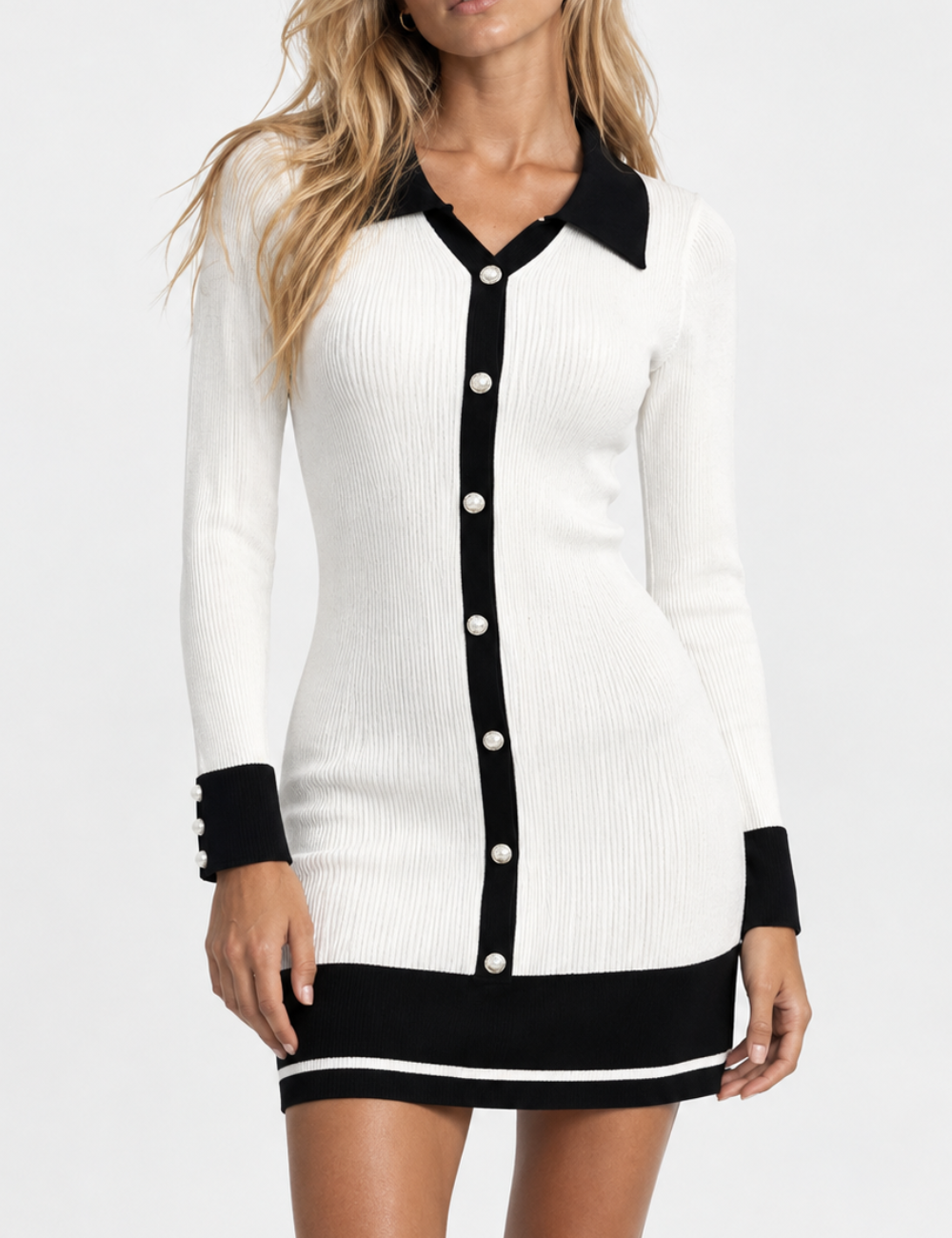 Ladies Elegant V-Neck Button Front Knit Mini Dress