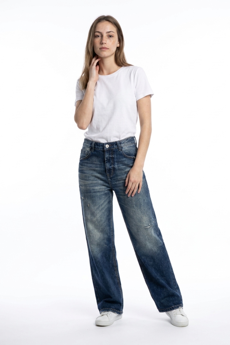 Women's Distressed High Waist Straight Leg Jeans