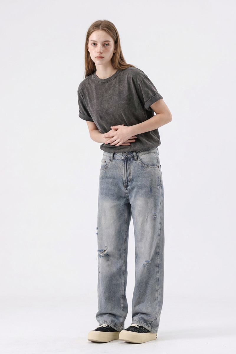 Women's High Waist Distressed Ripped Straight Jeans