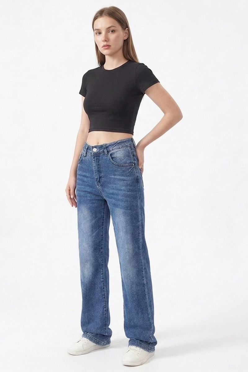Women's Classic Blue Washed High Waist Straight Leg Jeans