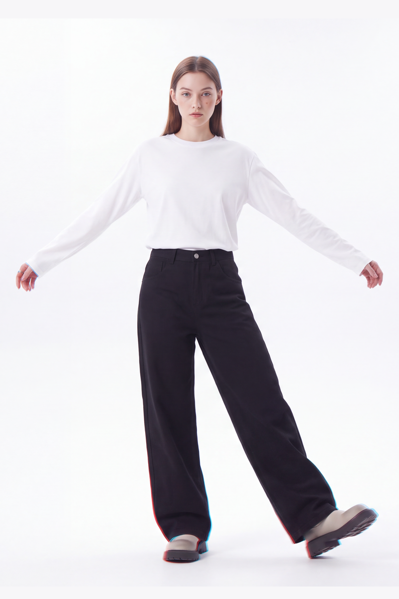 Women's High Waist Pure Black Wide Leg Jeans