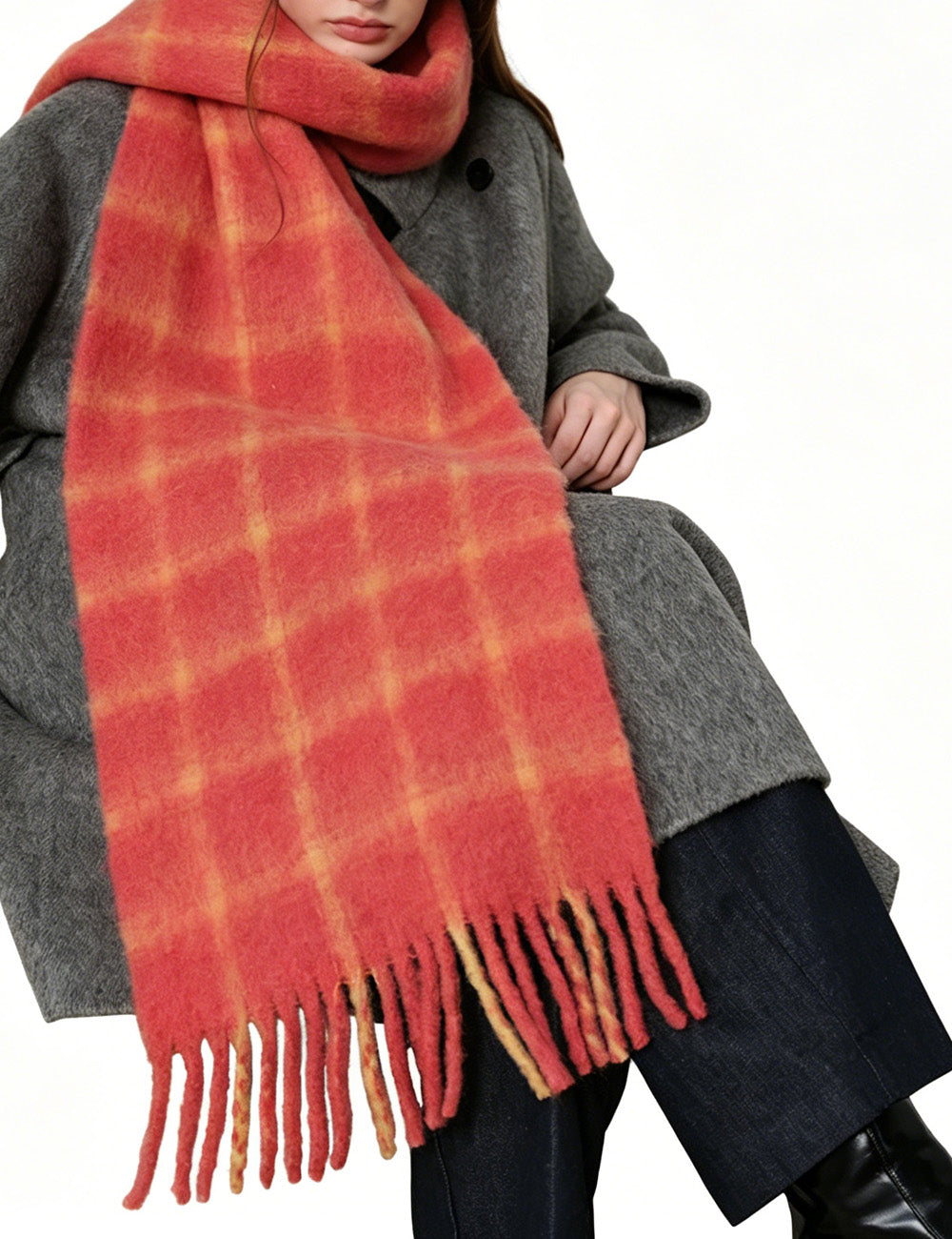 Ladies Plaid Fringe Long Neck Scarf