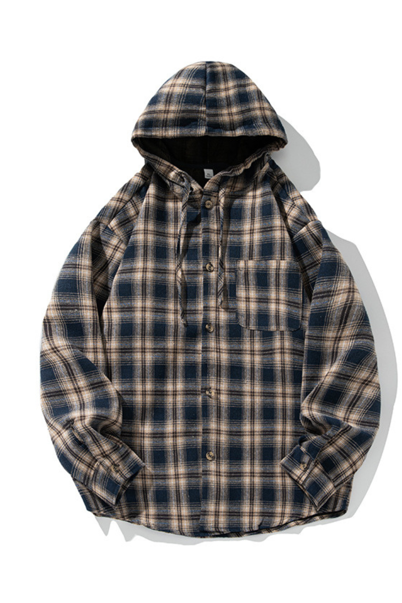 Men's Spring Vintage Hooded Plaid Button-Down Overshirt