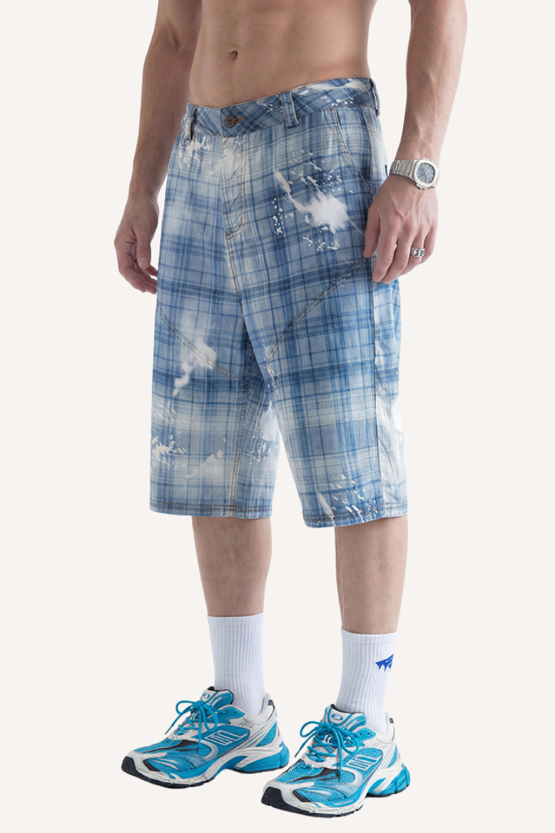 Men's 2026 Summer Curved Cargo 7/8 Plaid Washed Pants
