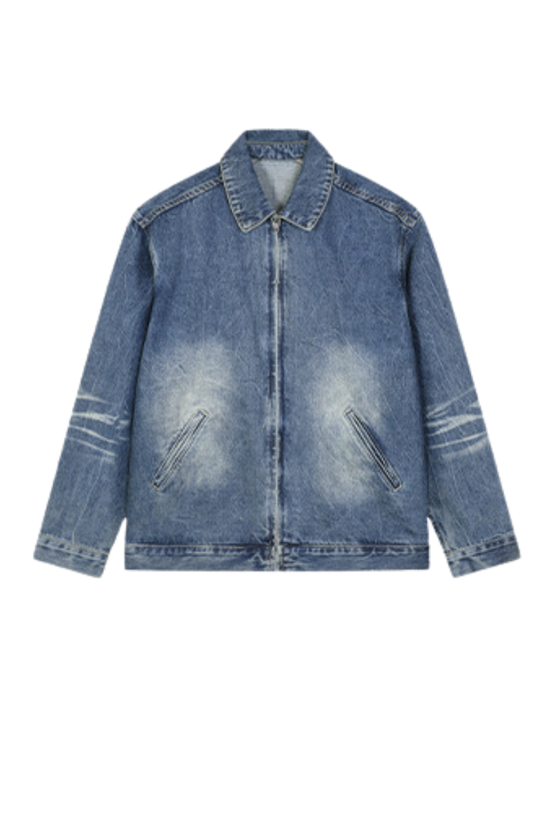 Men's Fall Clothing 543g Washed Denim Collar Zip Jacket