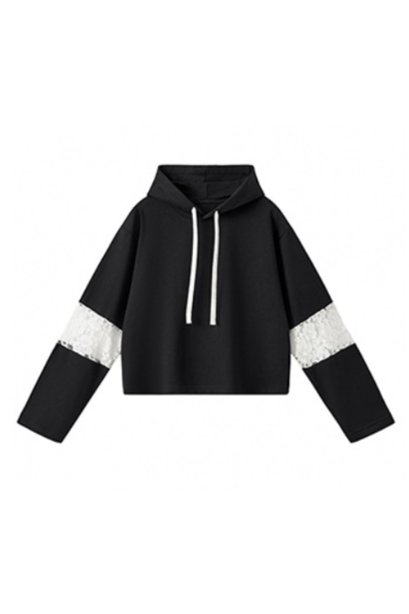 Women Fall Clothing Lace Sleeve Cropped Drawstring Hoodie