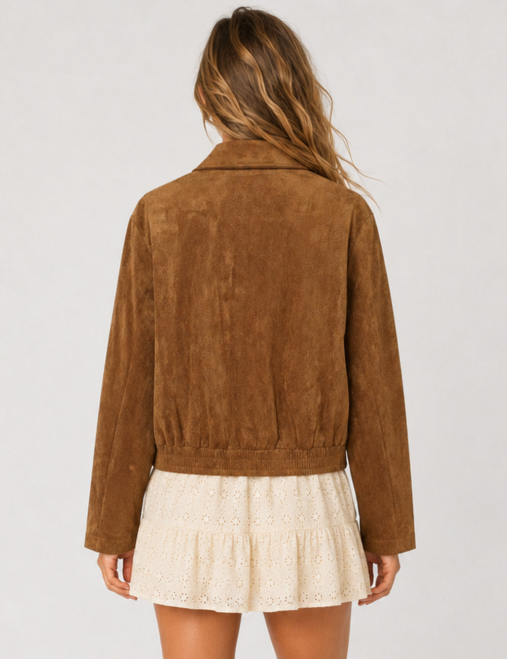 Ladies Casual Faux Suede Lapel Collar Button Crop Jacket