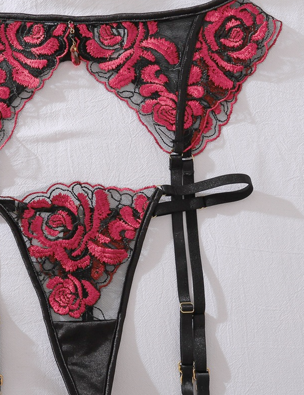 Ladies Rose Embroidered See-Through Mesh Lingerie Set