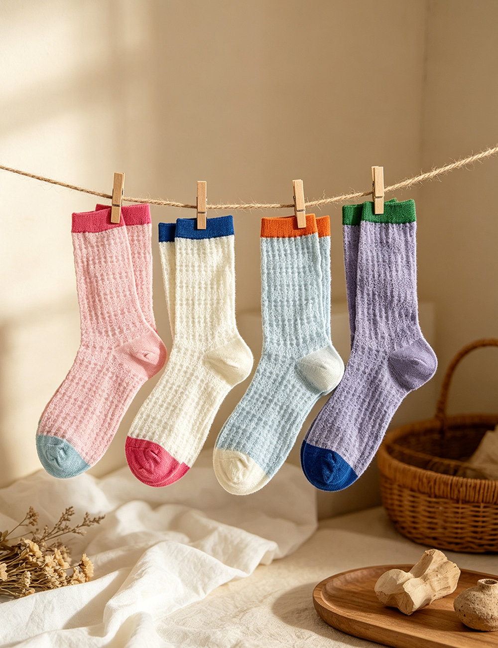 Ladies Mesh Knit Color Block Mid Calf Socks