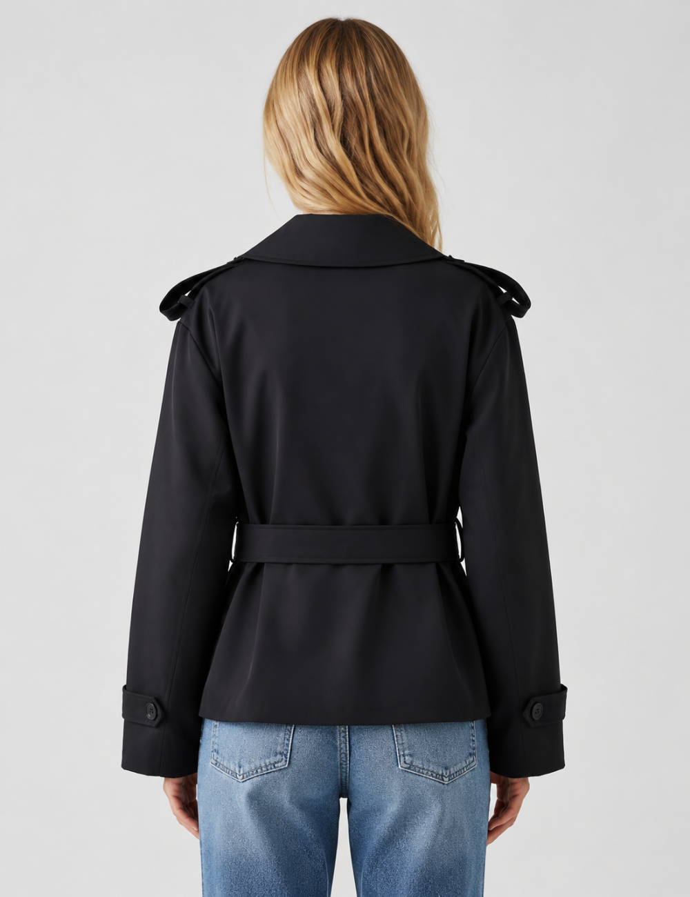 Ladies Lapel Collar Belted Short Trench Coat