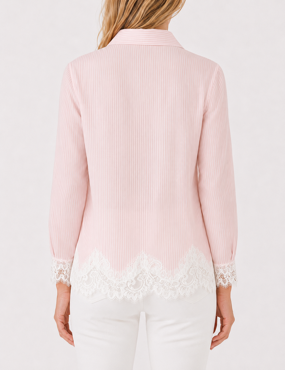 Ladies Striped Lace Hem Long Sleeves Button-Down Shirt