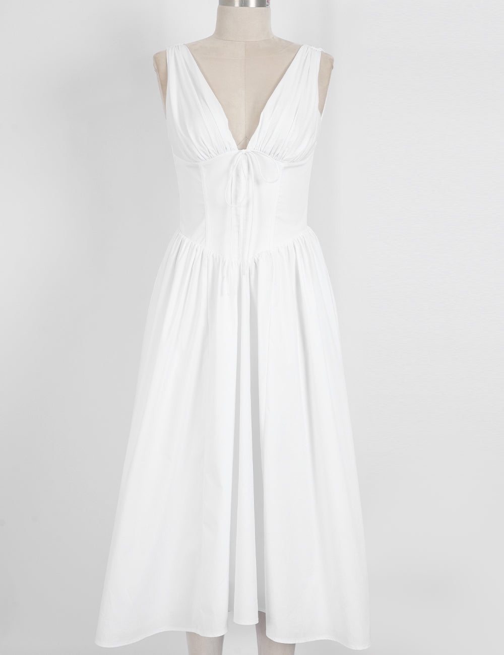 Ladies White Deep V Neck Ruched Bust Midi Dress