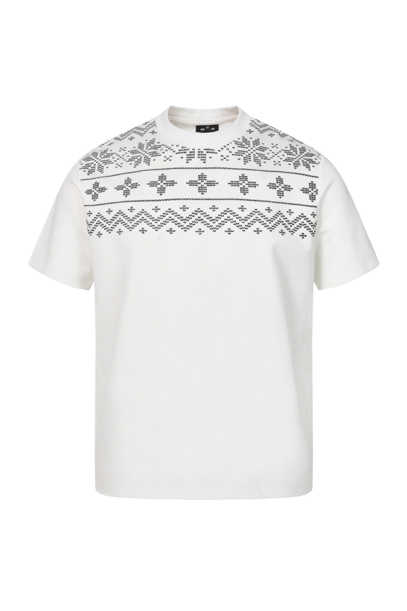 Men's Summer 320g Mock Neck Fair Isle Jacquard Vintage Tee