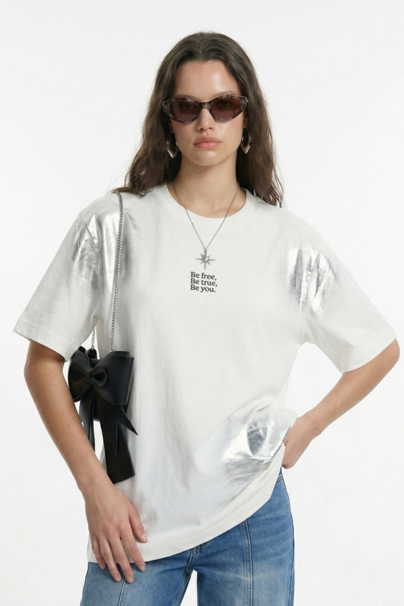 Women's Oversized Solid Cooling Powder Puff Print T-Shirt