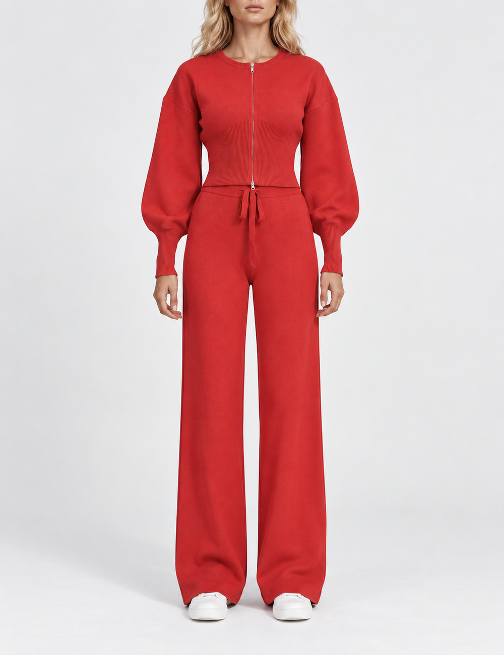 Ladies Zip-Up Solid Color Knit Top & Pants 2PCS Set