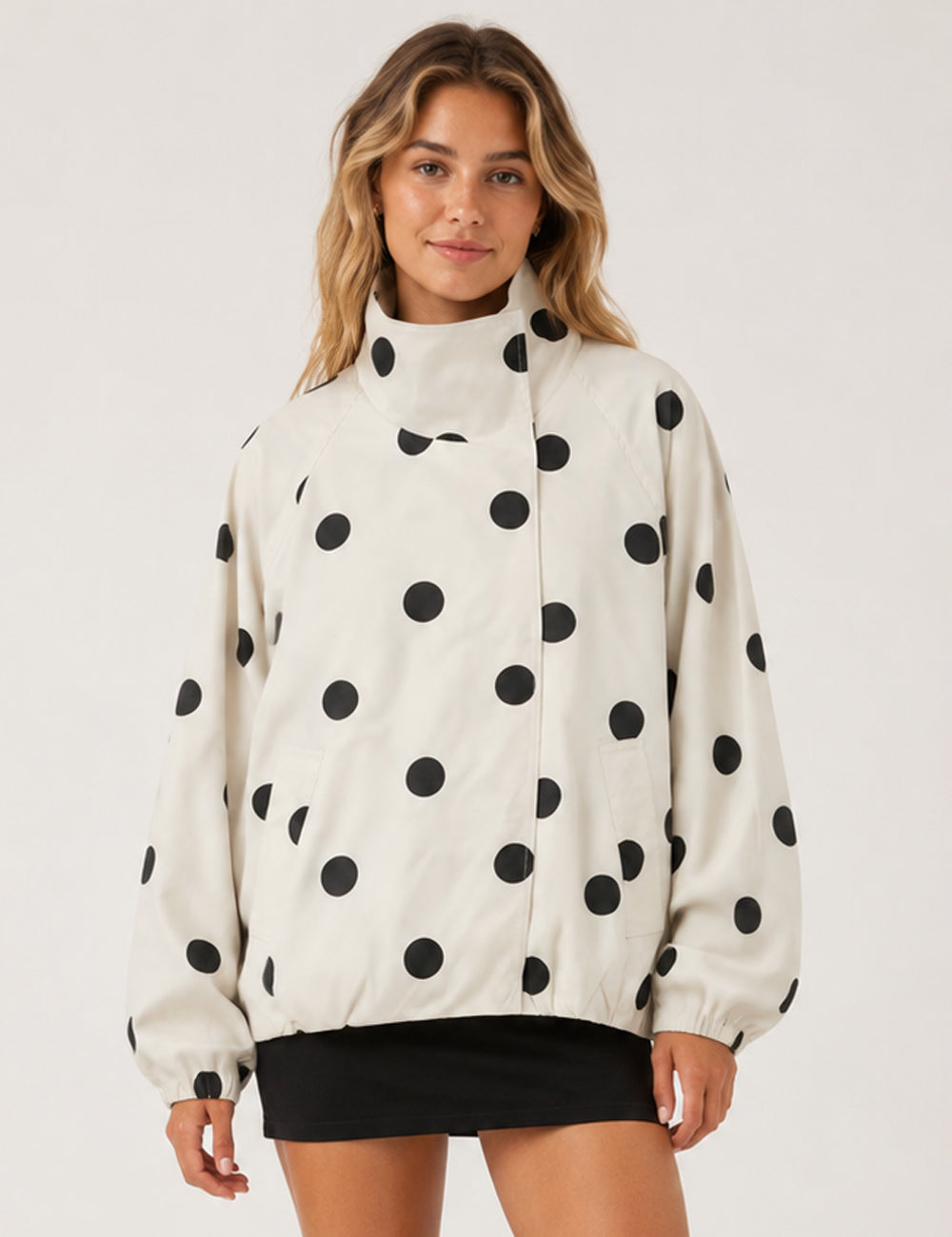 Ladies Casual Polka Dot Stand Collar Crop Jacket