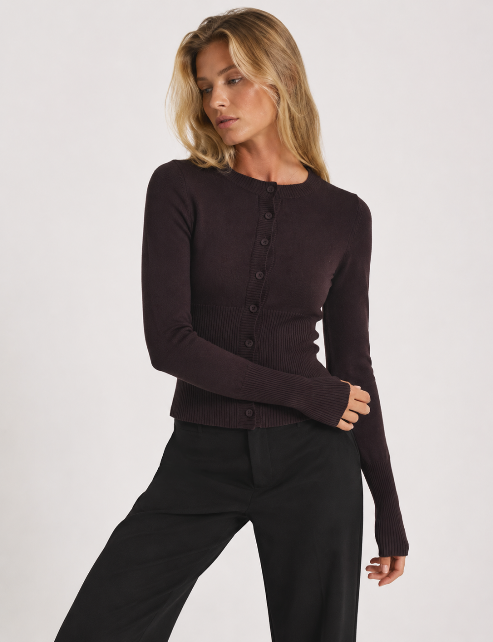 Ladies Button Front Ribbed Knit Cardigan