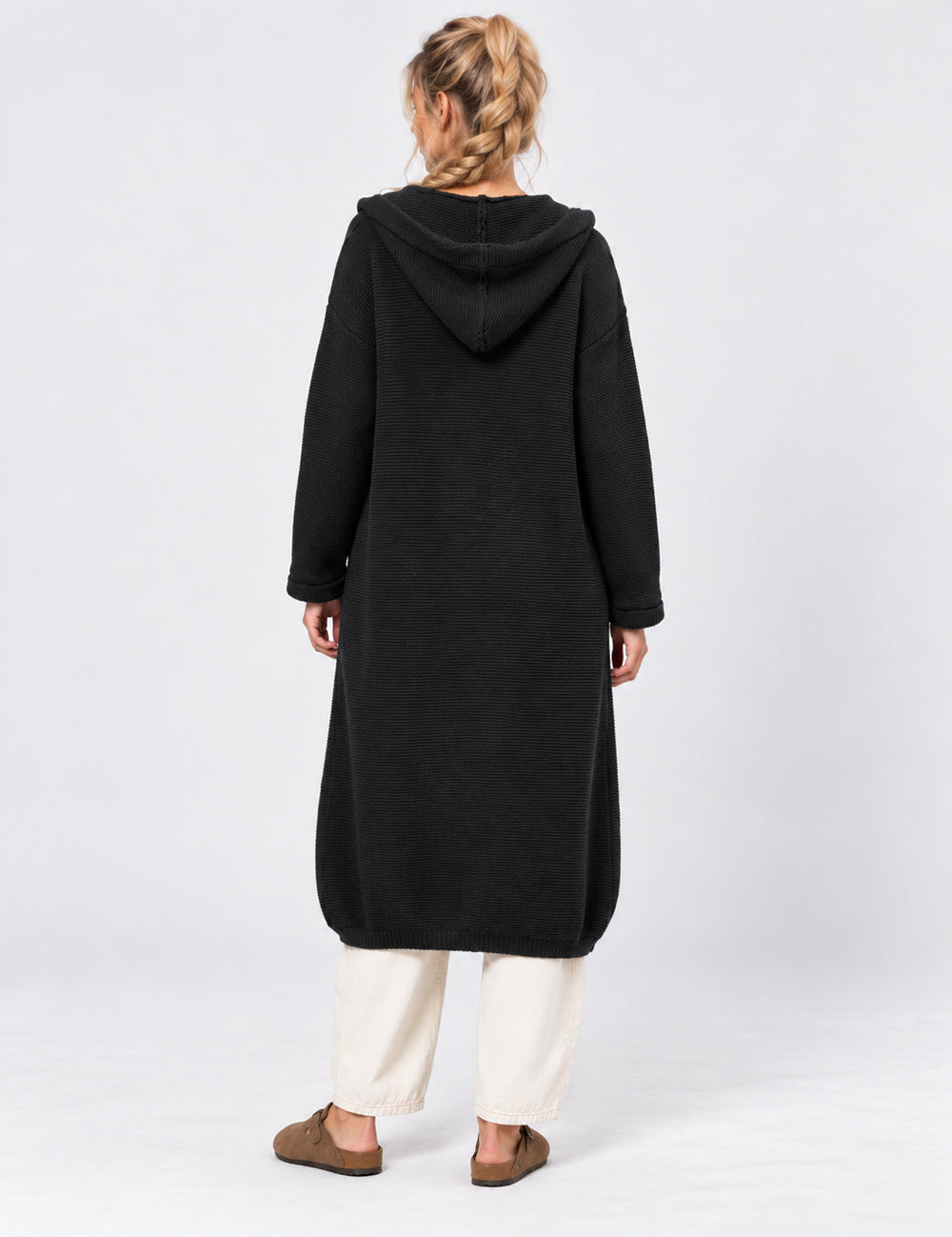 Ladies Button Hooded Solid Color Sweater Coat Cardigan