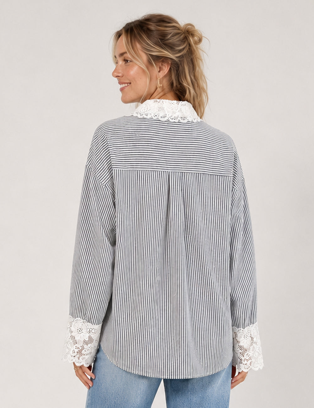 Ladies Striped Lace Trim Shirt Button-Down Blouse