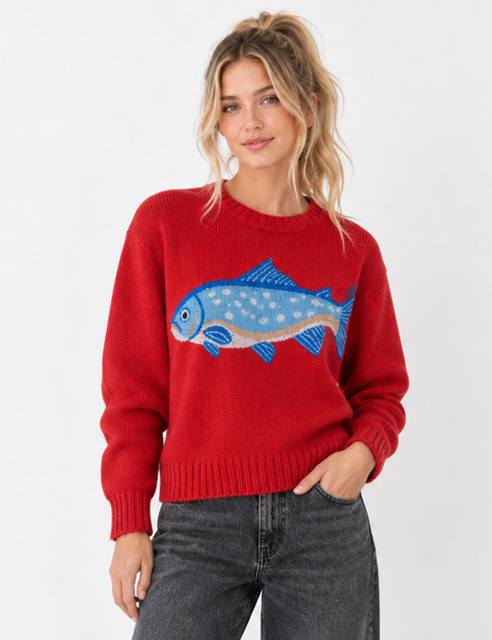 Ladies Fish Jacquard Crew Neck Cropped Knit Sweater