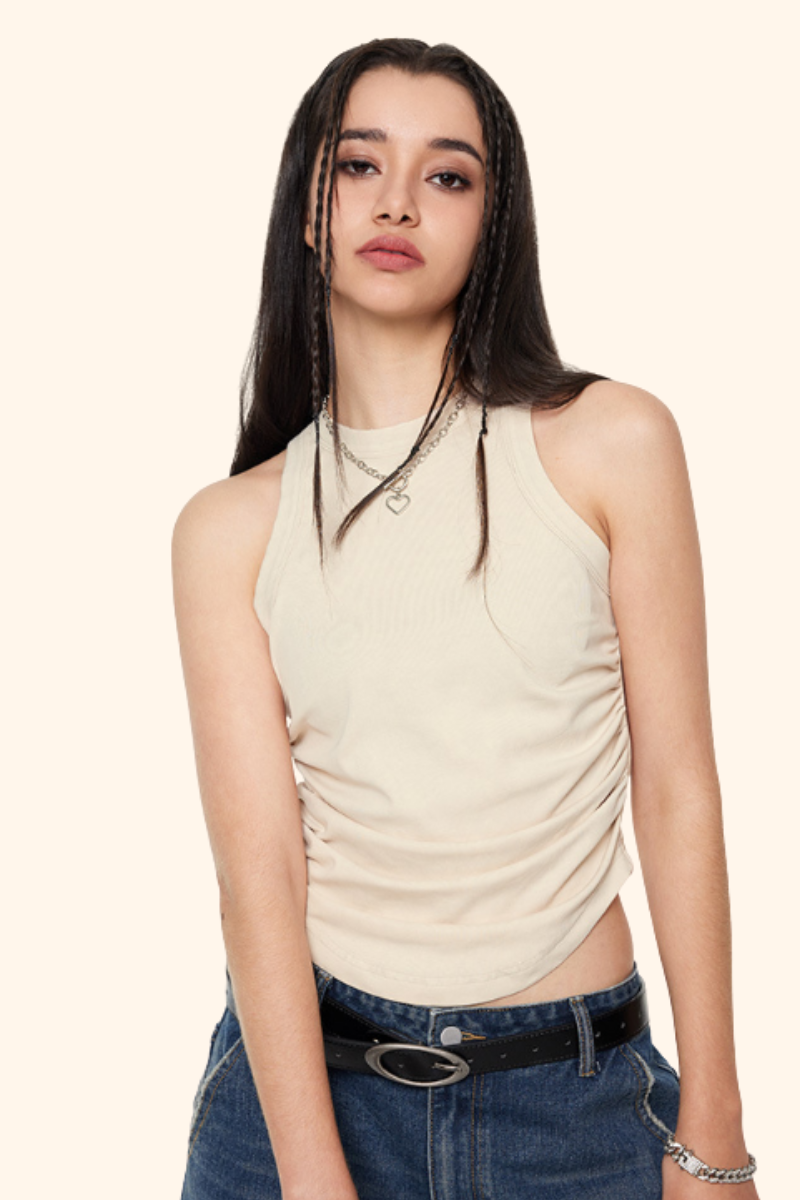 Women's Spring Summer 235g Washed Crewneck Ruched Tank