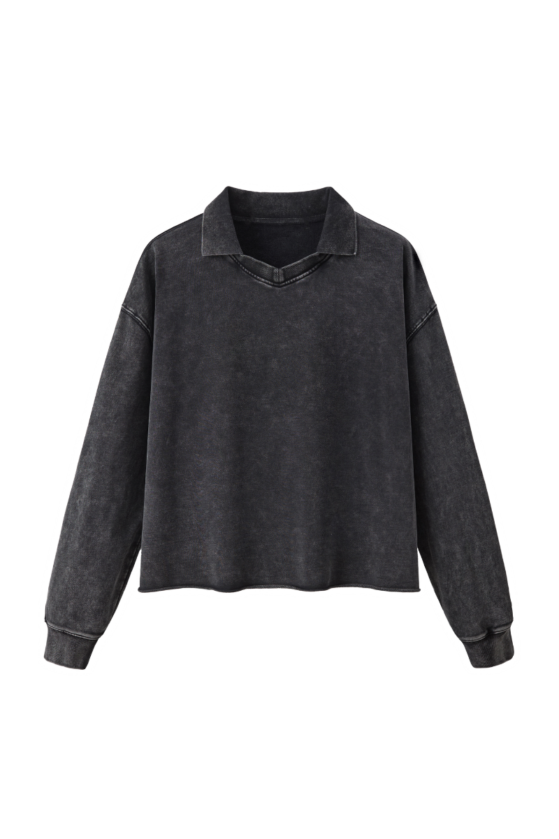 Unisex Fall Clothing Snow Wash Polo Collar Sweatshirt