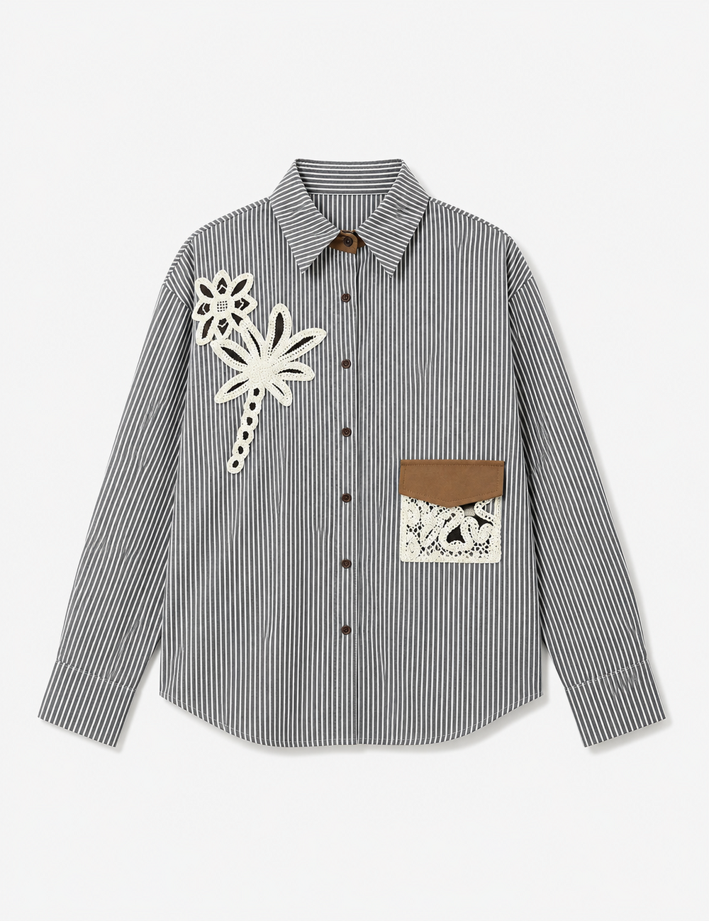 Ladies Striped Embroidery Floral Pocket Button-Down Shirt